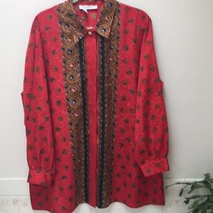 Laura and Jane size 1X Vintage Blouse tunic red blue gold jewel tones